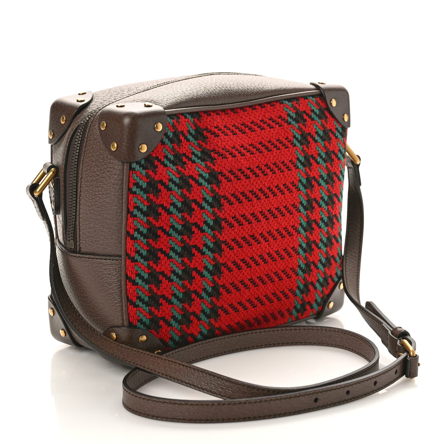Gucci Cotton Wool Textured Calfskin Houndstooth Woven Square Messenger Bag Red Green Ivory Multicolor New Acero 3 of 9