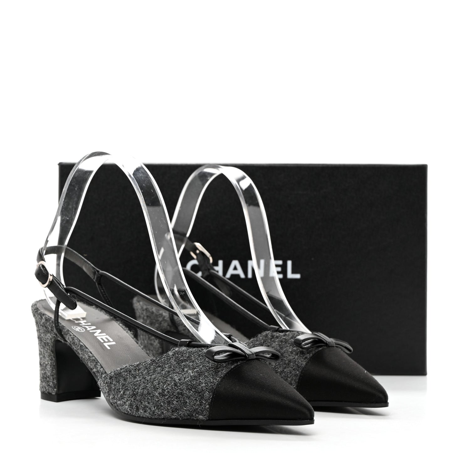 Tweed Satin Slingback Cap Toe Bow Pumps 38.5 Grey Black