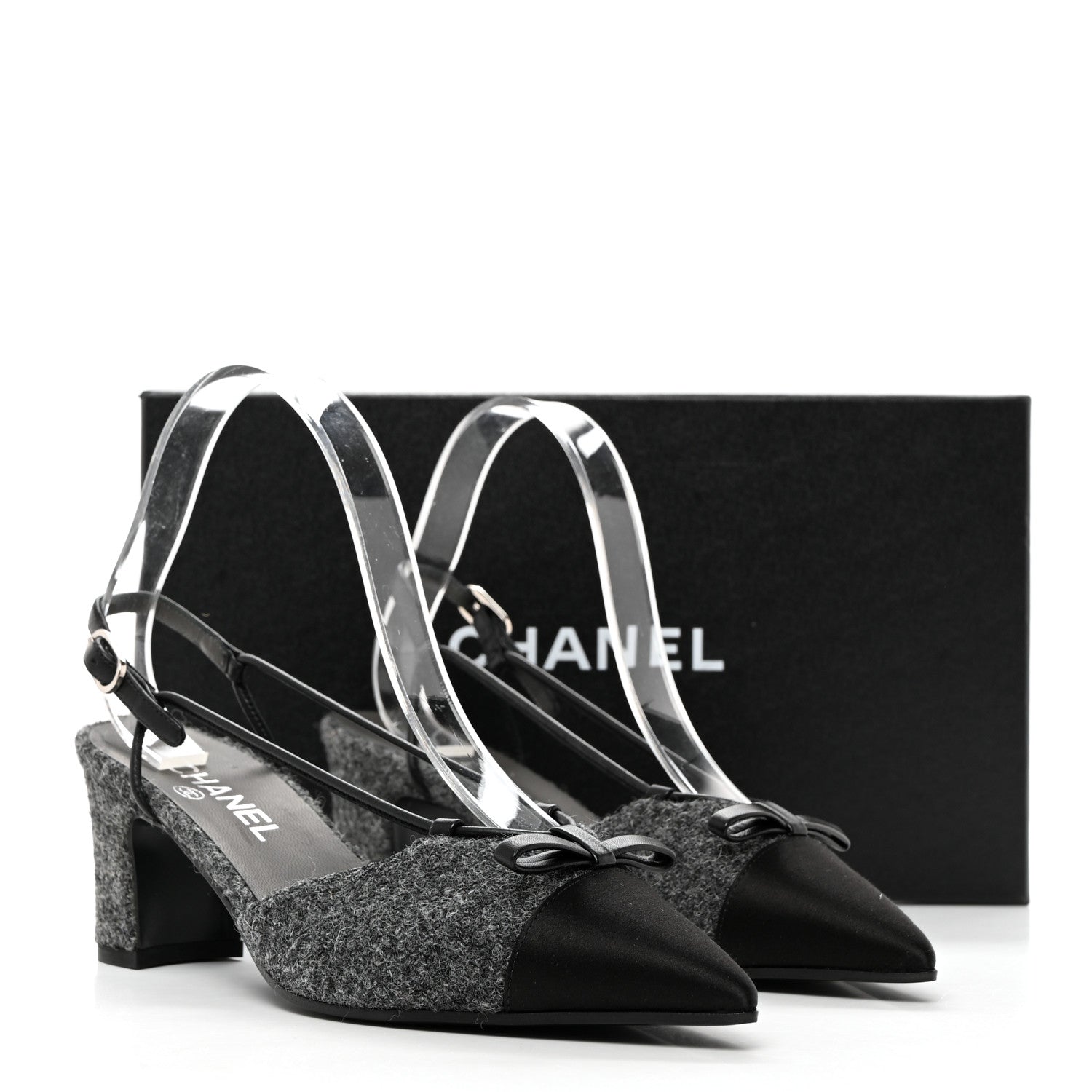 Chanel Tweed Satin Slingback Cap Toe Bow Pumps 38.5 Grey Black 10 of 10