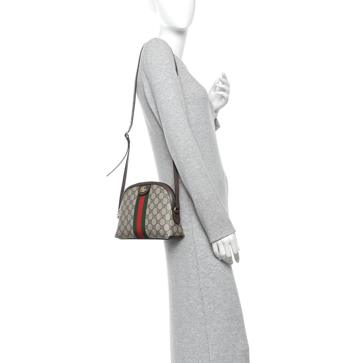 Gucci GG Supreme Monogram Textured Dollar Calfskin Web Small Ophidia Dome Shoulder Bag Beige Ebony New Acero 2 of 13