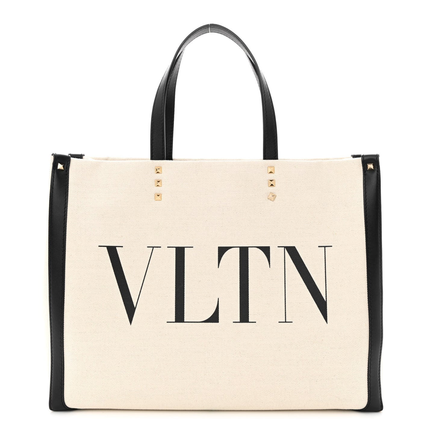 Canvas Calfskin VLTN Print Small Rockstud Tote Naturale Black