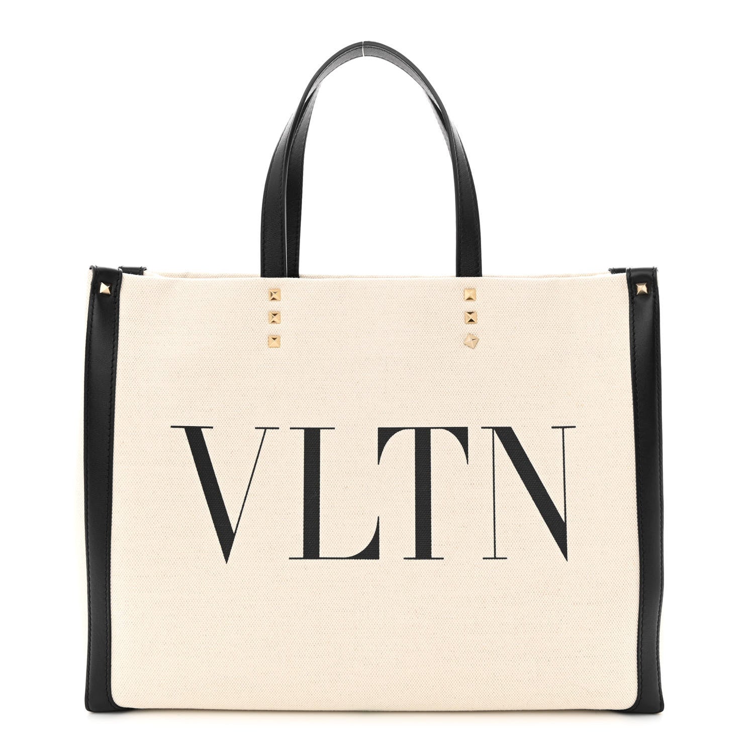 Valentino Garavani Canvas Calfskin VLTN Print Small Rockstud Tote Naturale Black 1 of 11