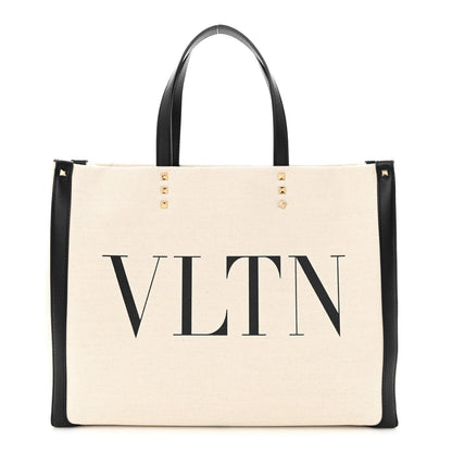 Valentino Garavani Canvas Calfskin VLTN Print Small Rockstud Tote Naturale Black 1 of 11