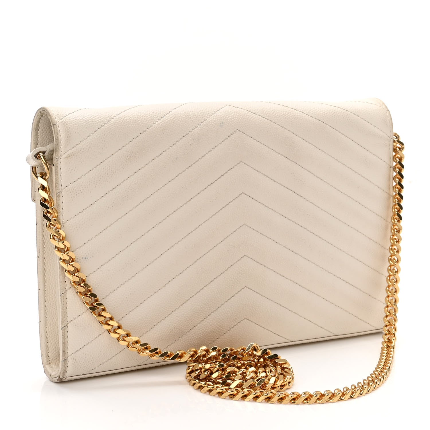 Saint Laurent Grain De Poudre Matelasse Chevron Monogram Chain Wallet White 3 of 18