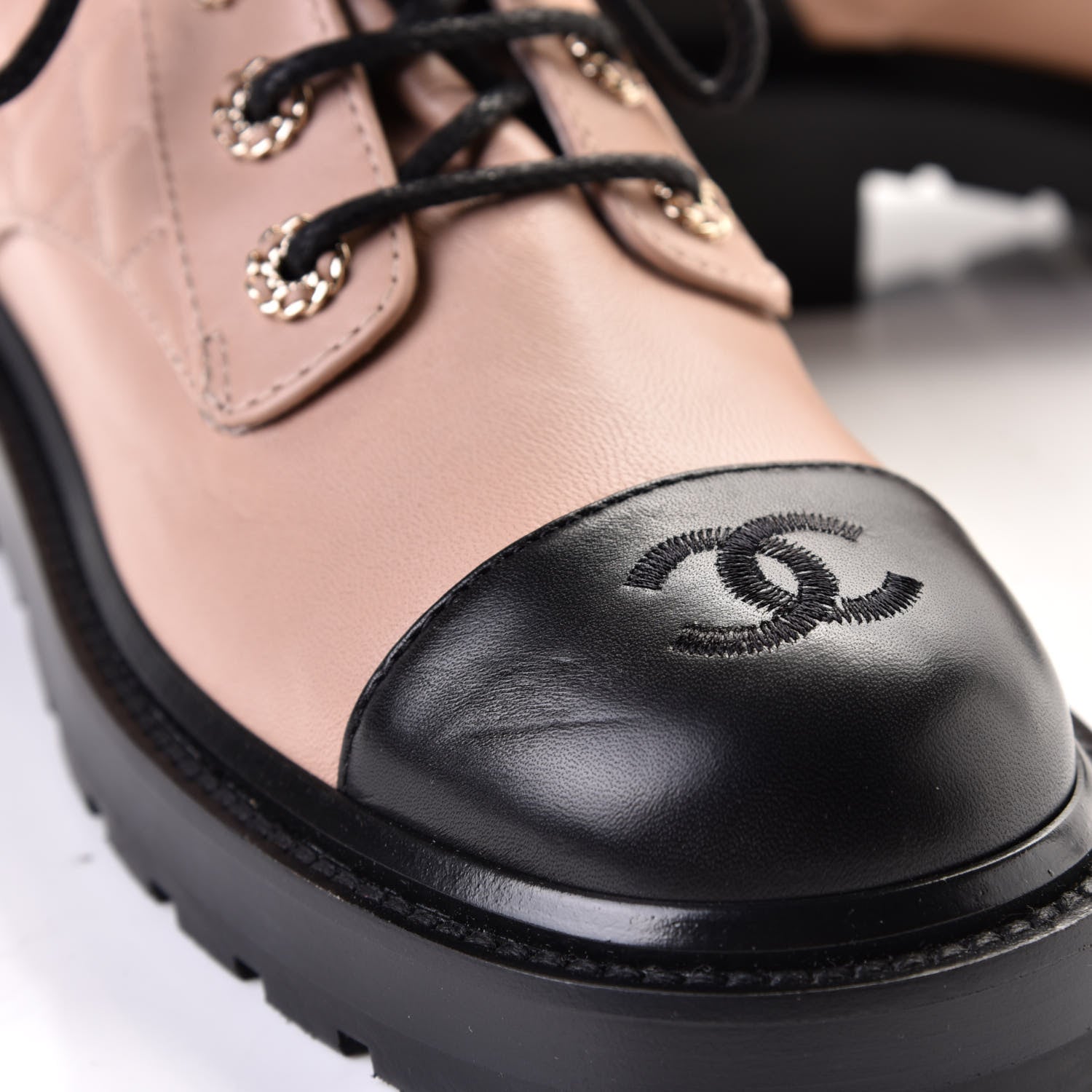 Chanel Shiny Lambskin Quilted Lace Up Combat Boots 39 Beige Black 6 of 8