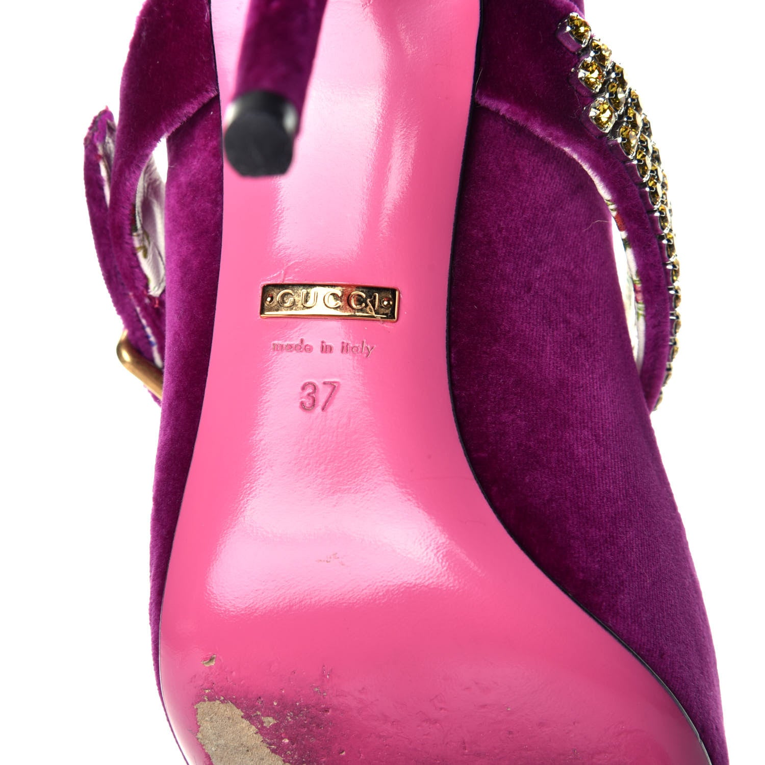 Gucci Velvet Crystal Embellished Sylvie High Heel Pumps 37 Fucsia Violet Cyclamen 6 of 7