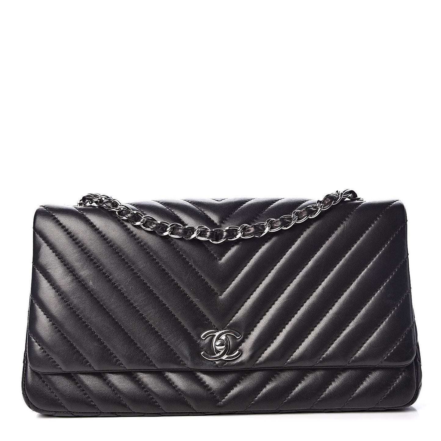 Lambskin Chevron Quilted Single Flap Black