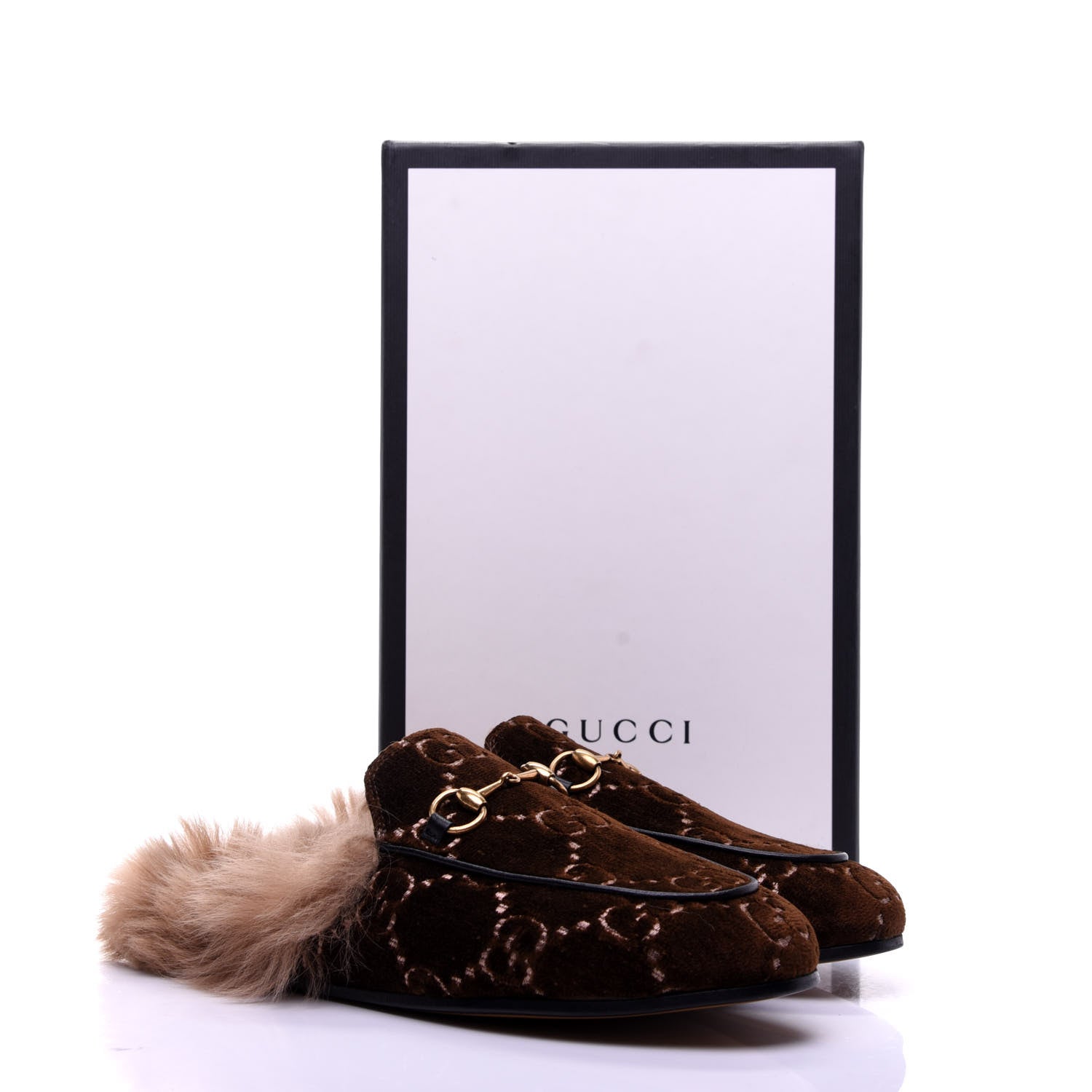 Gucci Velvet GG Monogram Fur Womens Princetown Slippers 37.5 Brown Black Natural 19 of 20