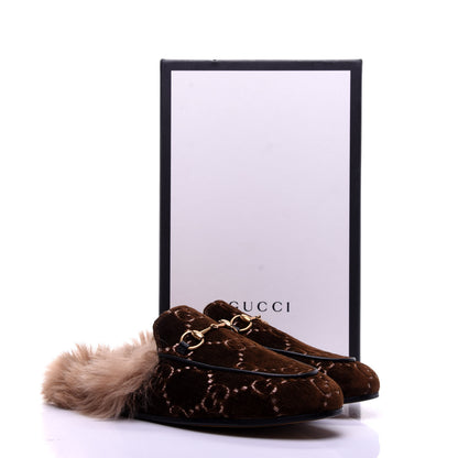 Gucci Velvet GG Monogram Fur Womens Princetown Slippers 37.5 Brown Black Natural 19 of 20