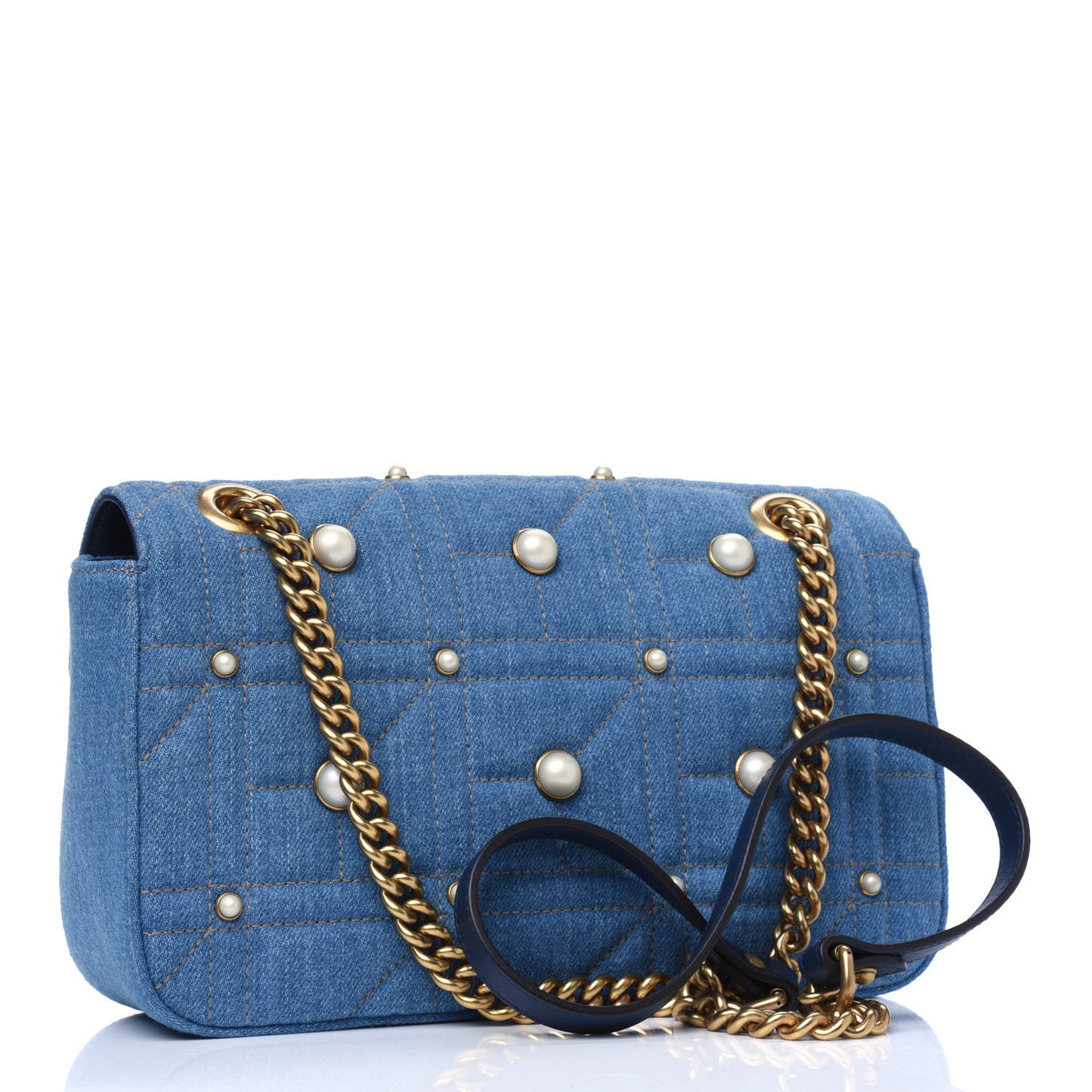 Denim Matelasse Pearl Studded Small GG Marmont Shoulder Bag Blue