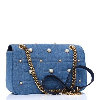 Gucci Denim Matelasse Pearl Studded Small GG Marmont Shoulder Bag Blue 2 of 4