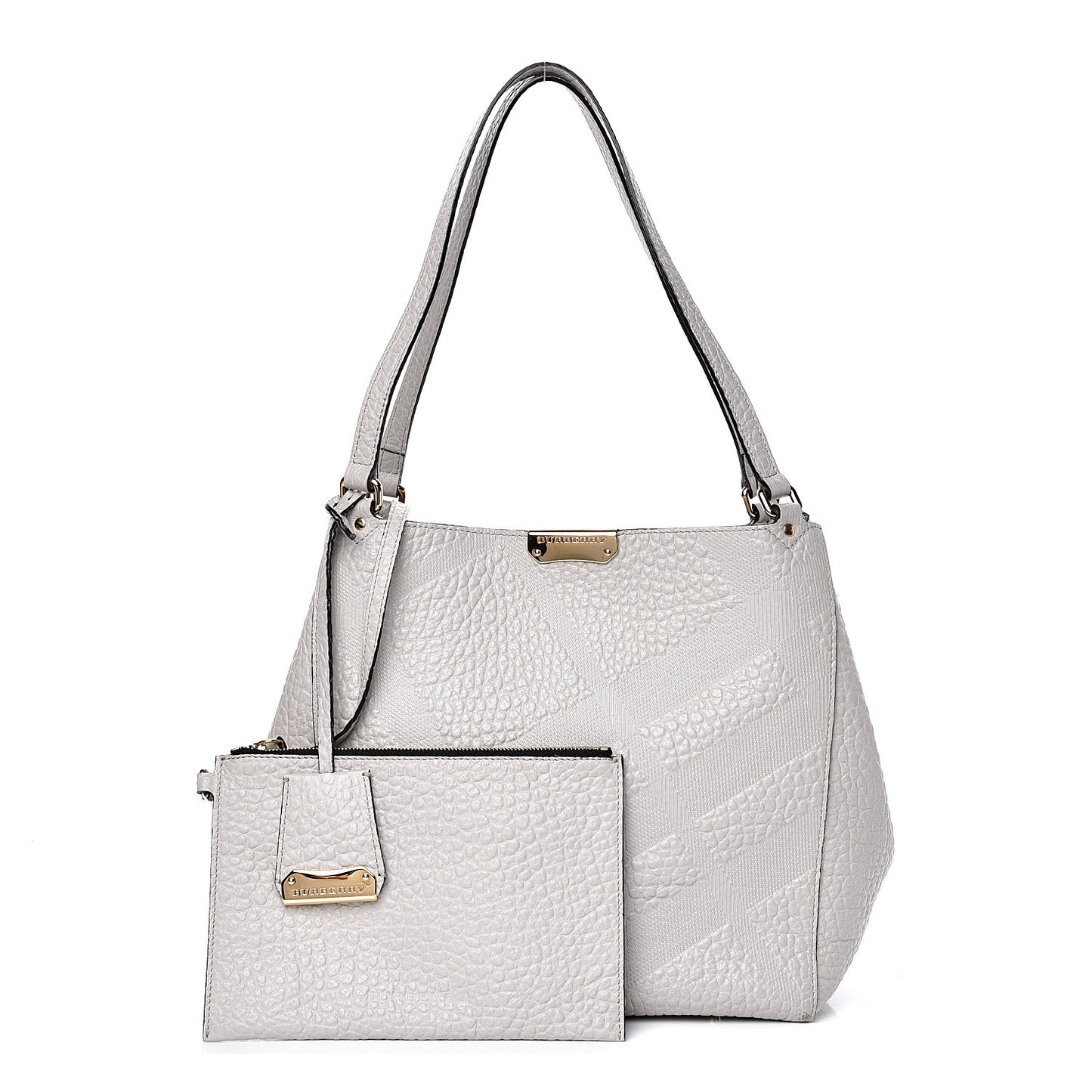 Signature Grain Calfskin Check Embossed Small Canterbury Tote Stone White