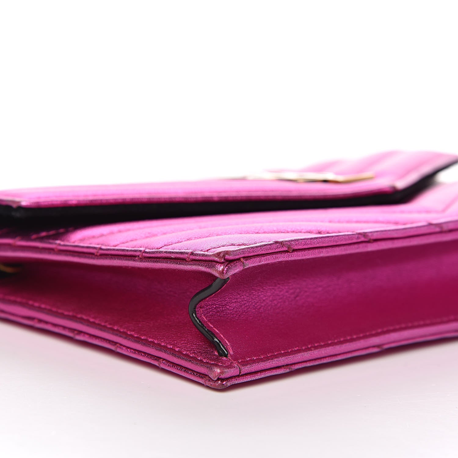 Saint Laurent Metallic Calfskin Matelasse Chevron Monogram Envelope Chain Wallet Fuchsia 7 of 13