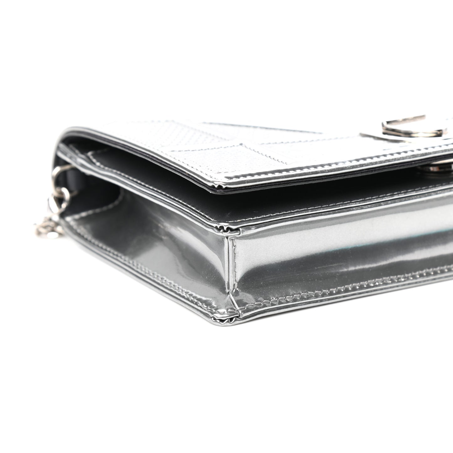 Metallic Patent Micro-Cannage Diorama Wallet on Chain Pouch Silver