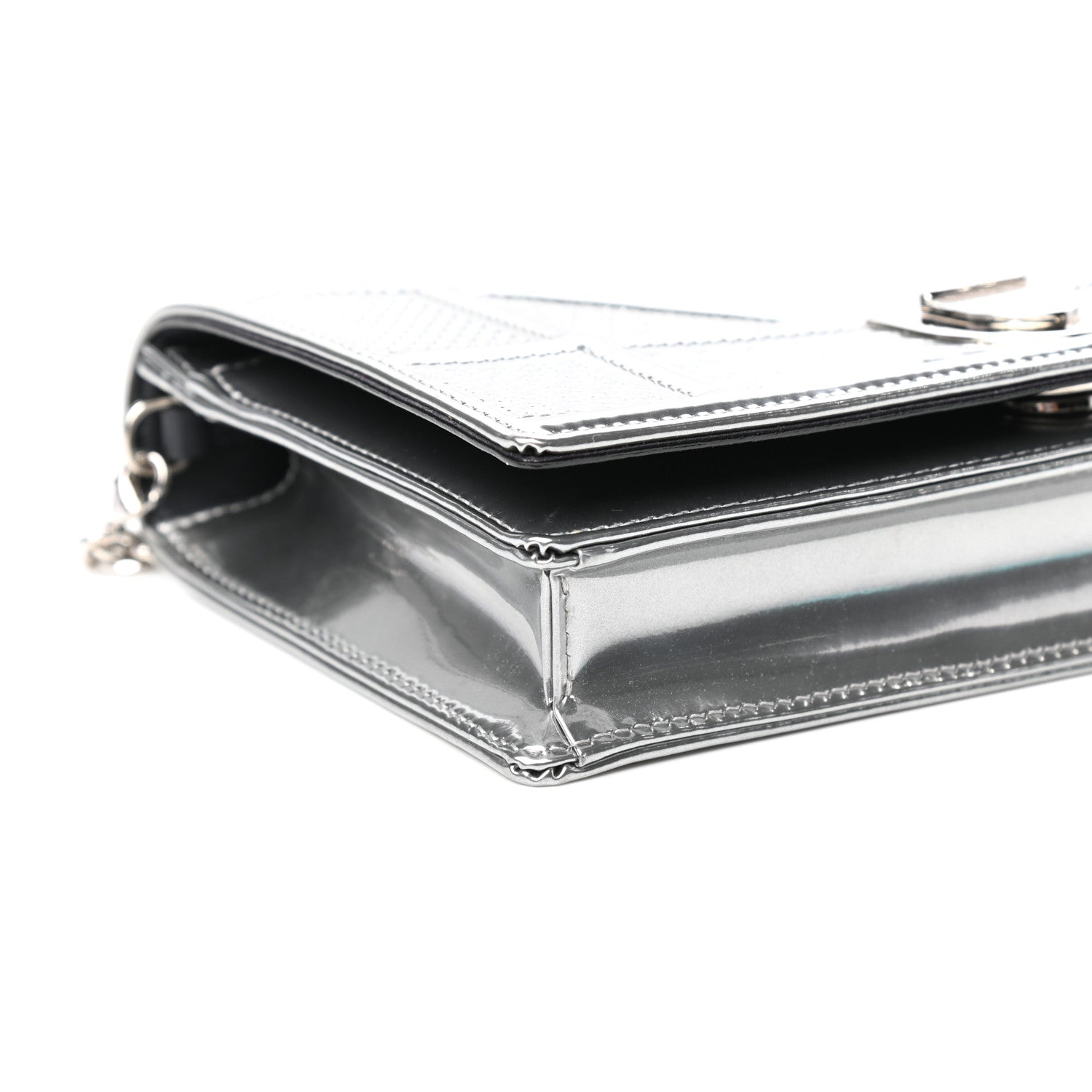 Christian Dior Metallic Patent Micro-Cannage Diorama Wallet on Chain Pouch Silver 8 of 10