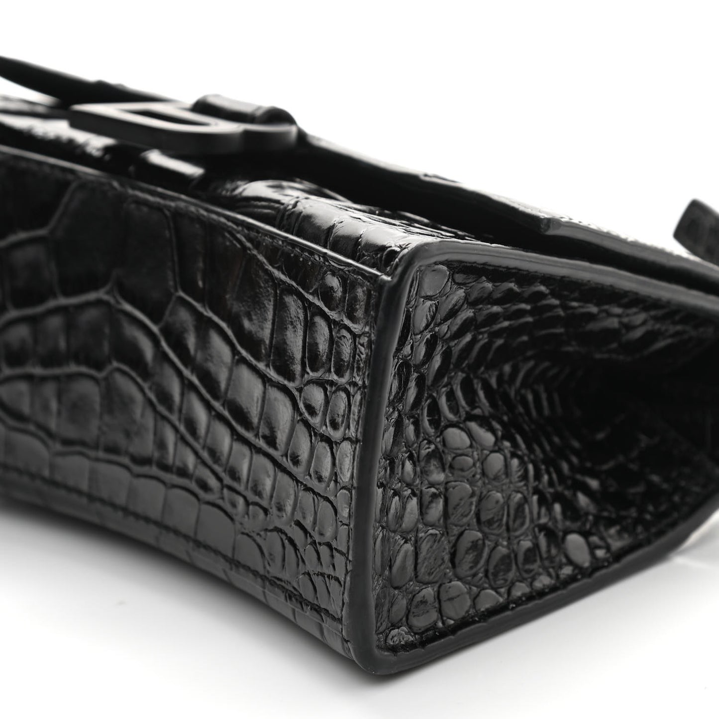 Shiny Calfskin Monochrome Crocodile Embossed Hourglass Top Handle Bag XS Black