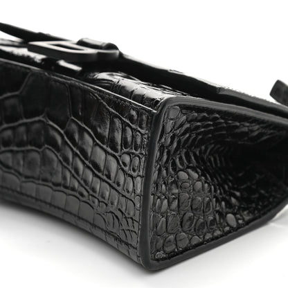 Balenciaga Shiny Calfskin Monochrome Crocodile Embossed Hourglass Top Handle Bag XS Black 9 of 10