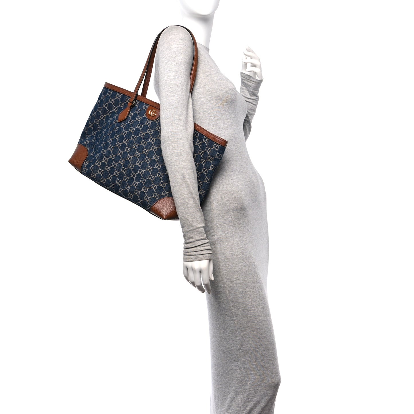 New Denim GG Monogram Medium Ophidia Shopping Tote Blue Tea Cuir