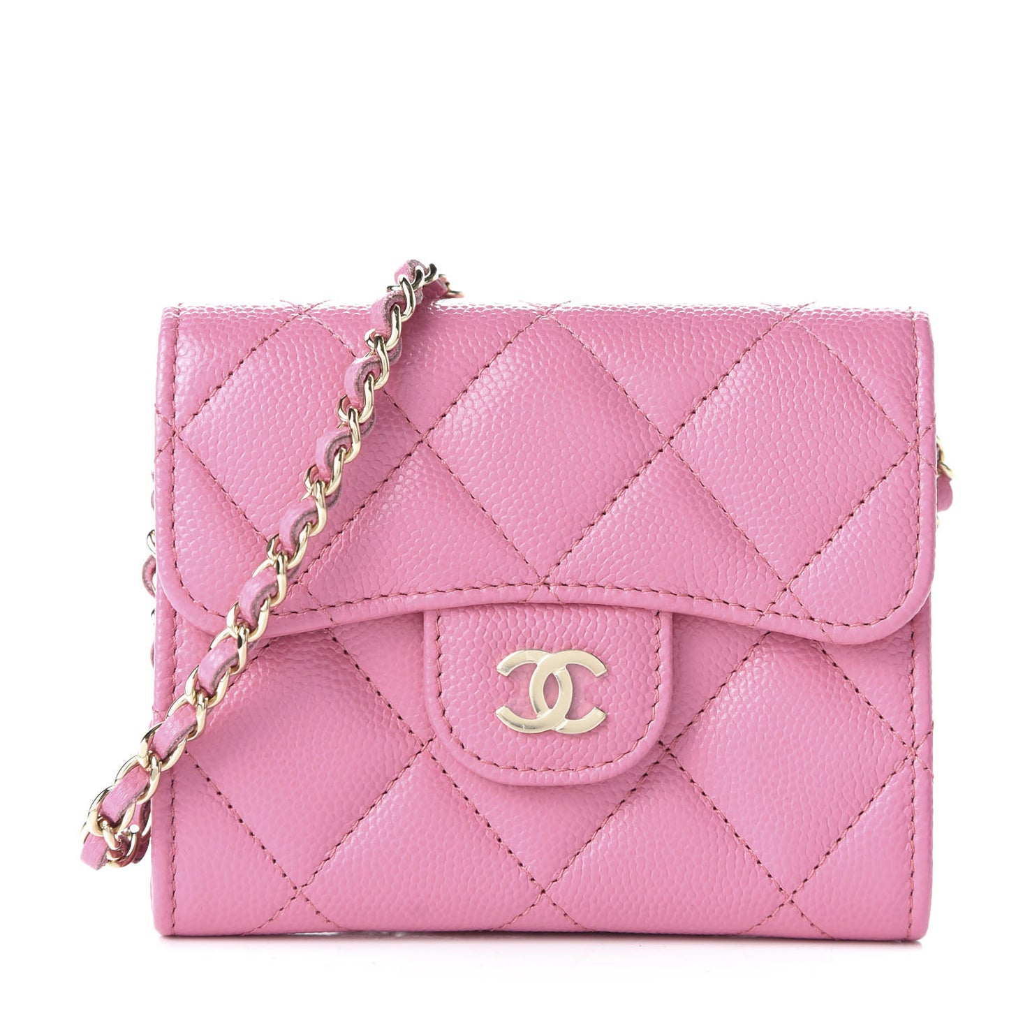 Caviar Quilted Flap Card Holder On Chain Pink