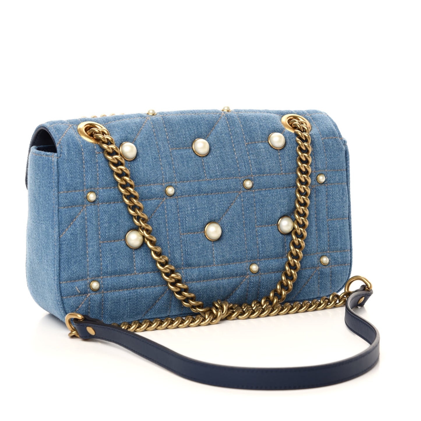 Denim Matelasse Pearl Studded Small GG Marmont Shoulder Bag Blue