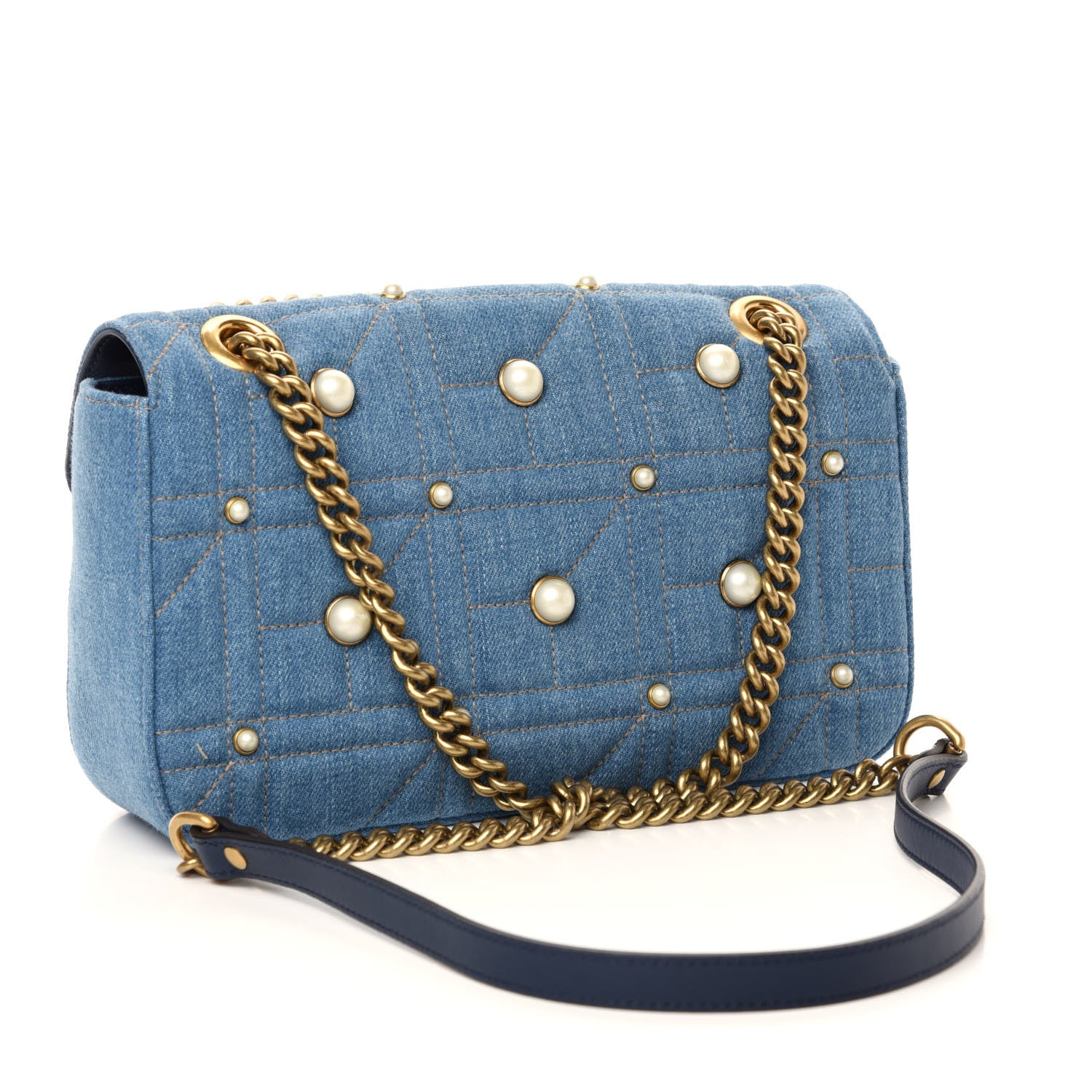 Gucci Denim Matelasse Pearl Studded Small GG Marmont Shoulder Bag Blue 4 of 11