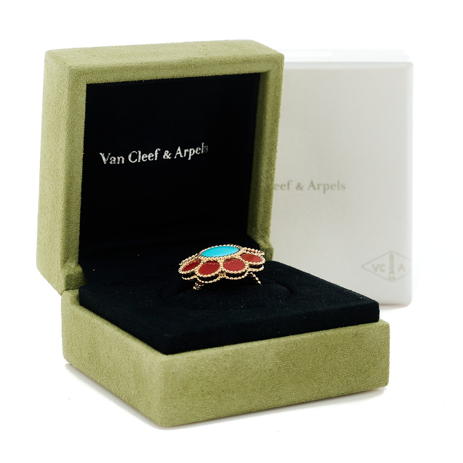 Van Cleef & Arpels 18K Yellow Gold Coral Turquoise Paquerette Ring 54 7 6 of 6