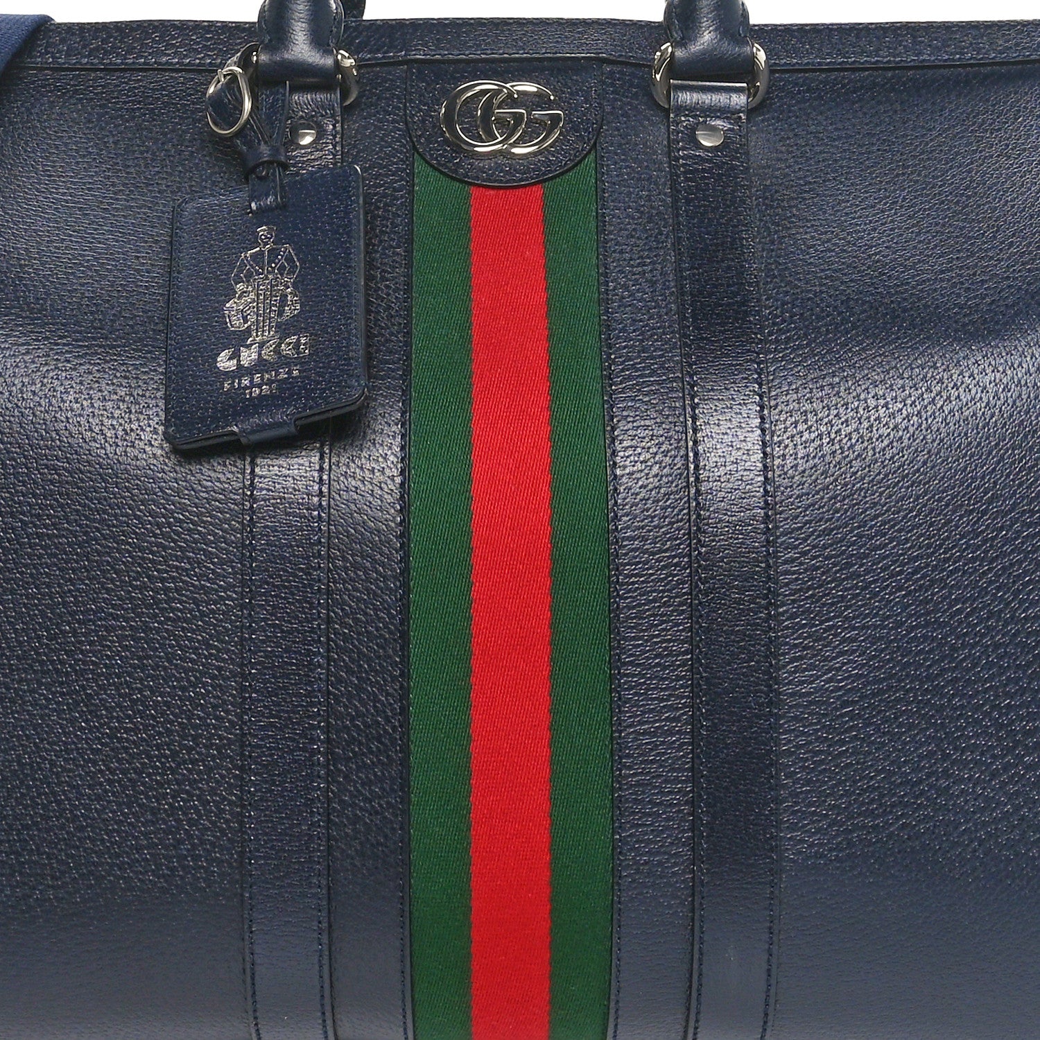 Gucci Textured Dollar Calfskin Web Large Savoy Duffle Bag Navy 7 of 9