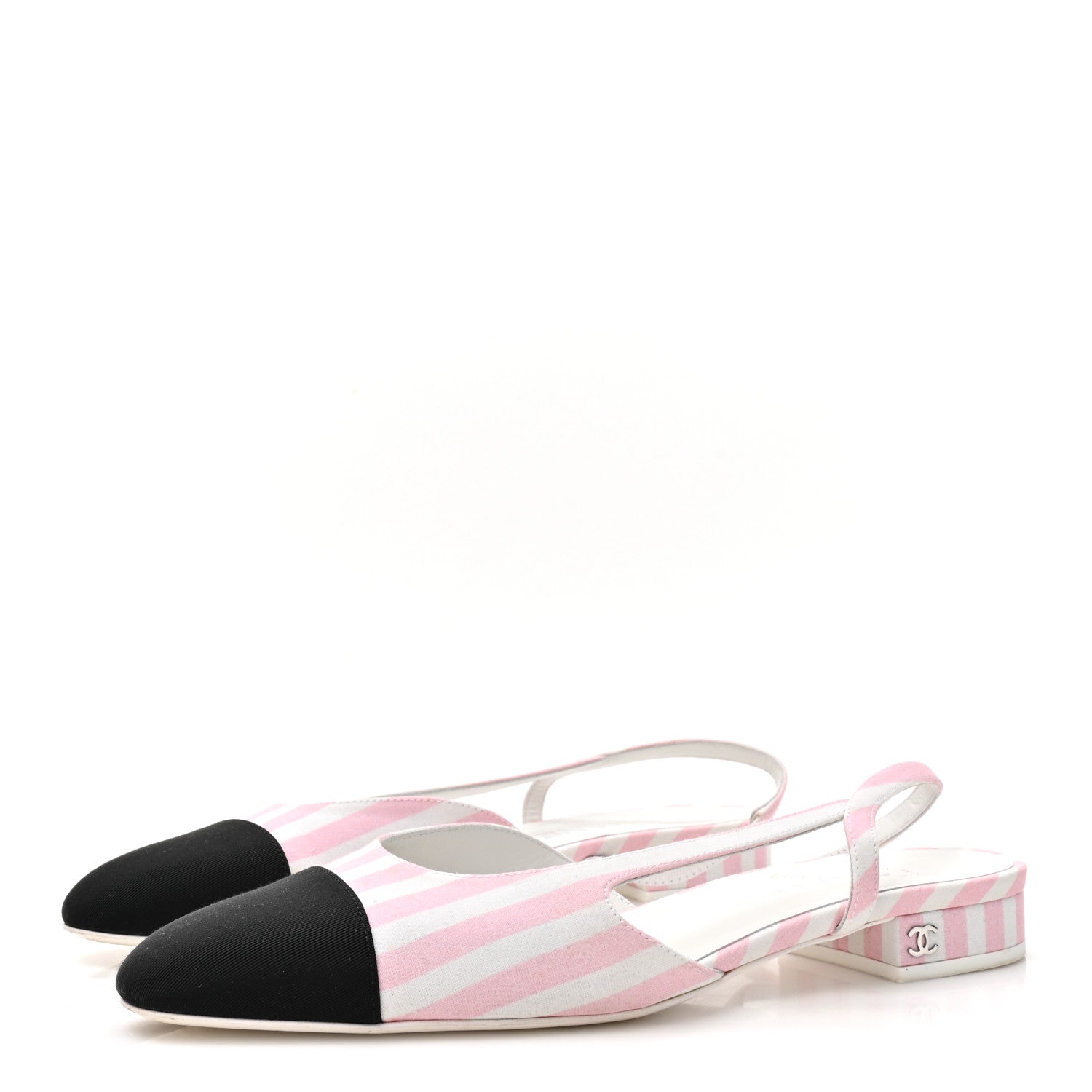 Chanel Fabric Grosgrain Cap Toe CC Slingback Flats 38.5 Pink White 4 of 8