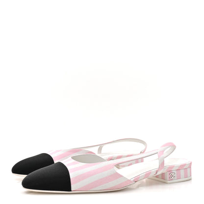 Chanel Fabric Grosgrain Cap Toe CC Slingback Flats 38.5 Pink White 4 of 8