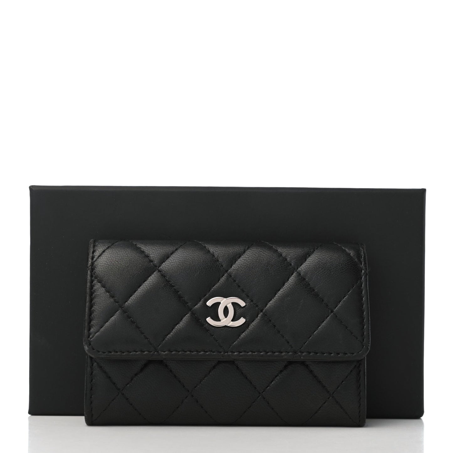 Lambskin Quilted Flap Card Holder Black