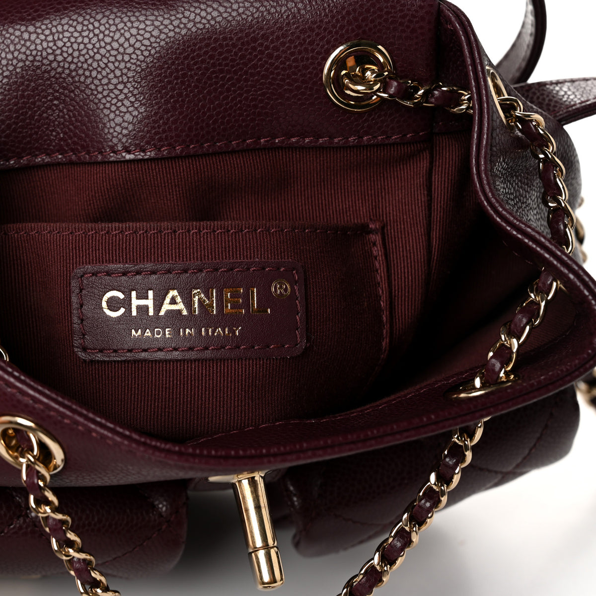 Shiny Caviar Quilted Small Duma Pockets Drawstring Backpack Burgundy