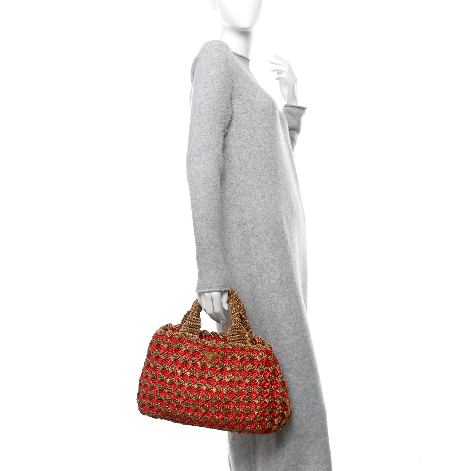 Prada Raffia Crochet Bi-Color Small Tote Naturale Rosso 2 of 13
