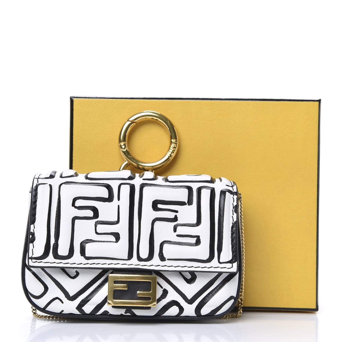 X JOSHUA VIDES Nappa Vitello King FF Embossed Nano Baguette Charm White Black