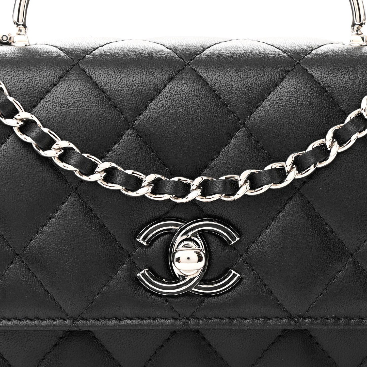 Lambskin Quilted Metal Top Handle Crossbody Flap Black