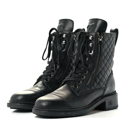 Chanel Calfskin Quilted Lace Up Combat Boots 36.5 Black 3 of 10
