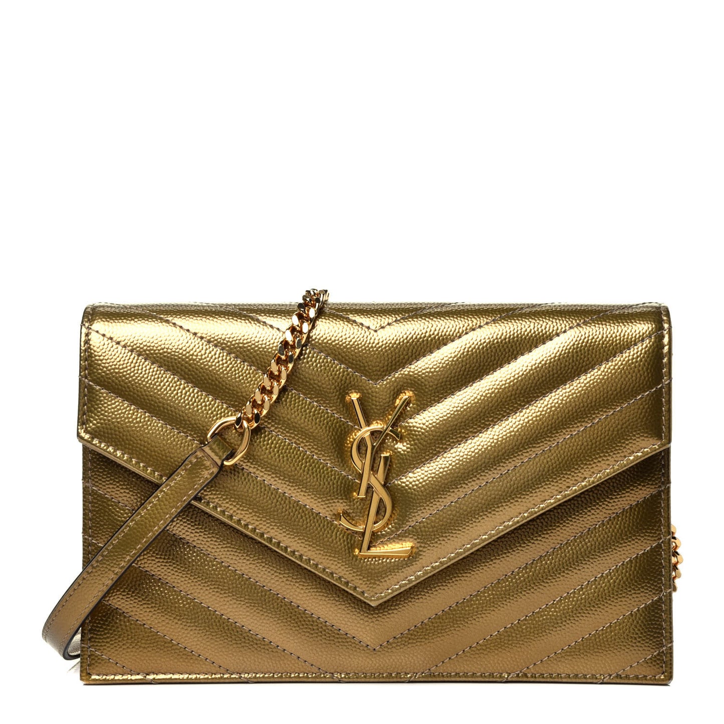 Metallic Calfskin Matelasse Chevron Monogram Envelope Chain Wallet Gold