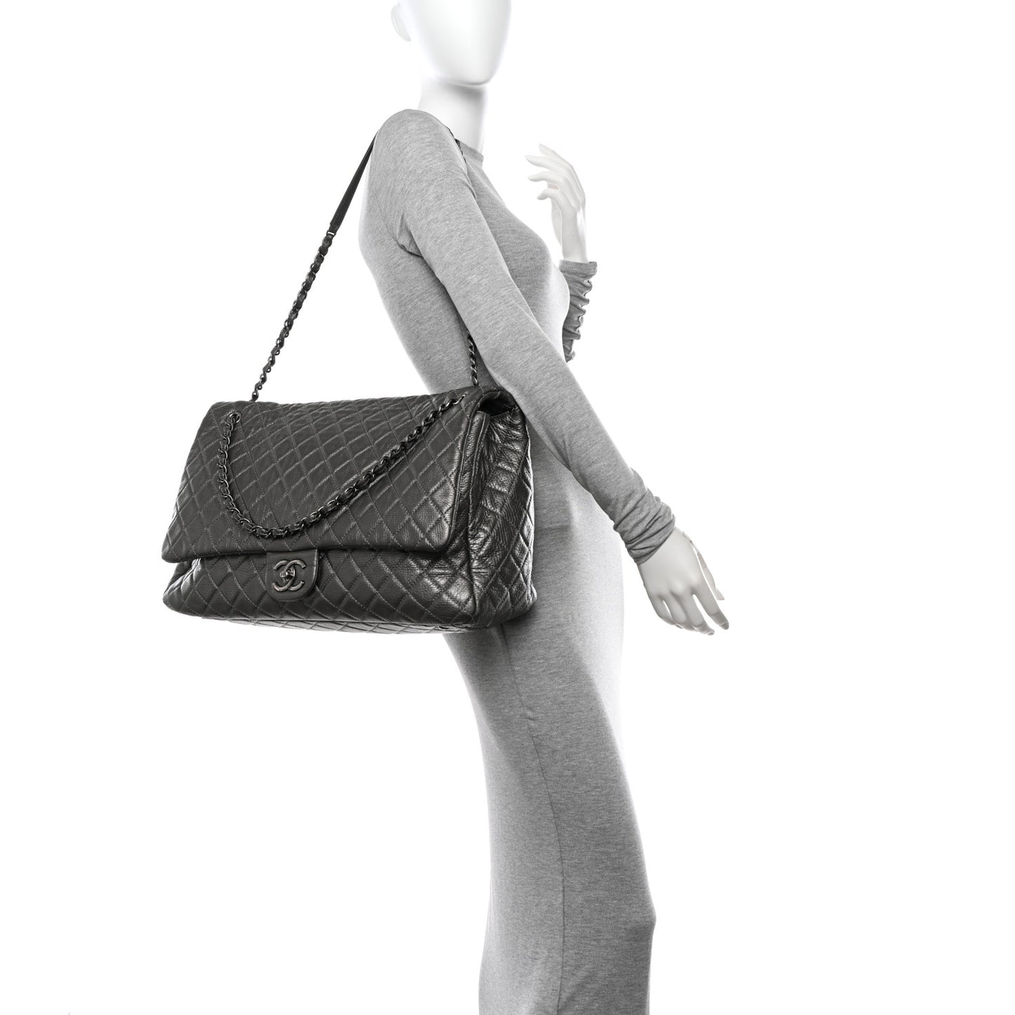 Metallic Calfskin Quilted XXL Travel Flap Bag Dark Silver