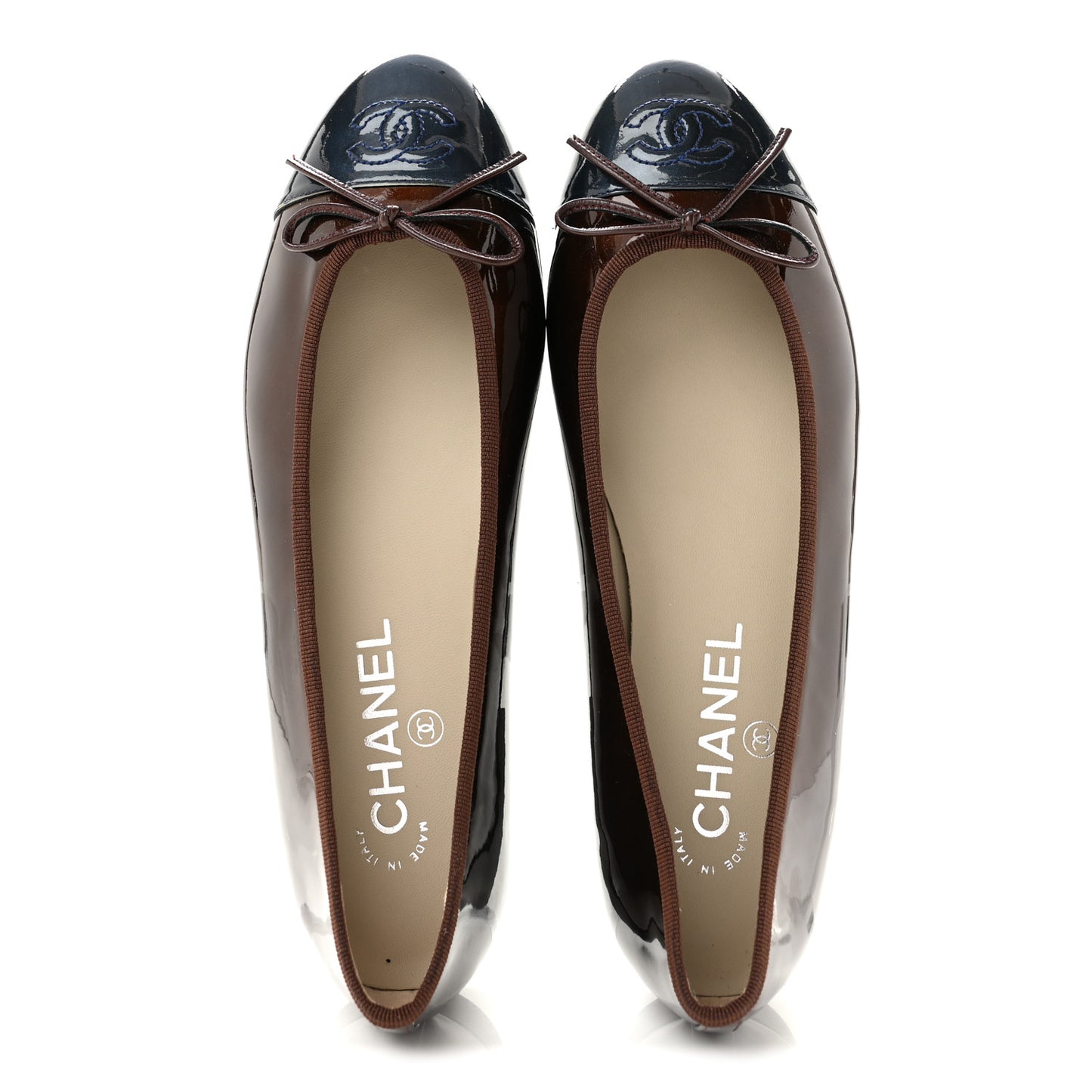 Patent Calfskin CC Cap Toe Ballerina Flats 38 Brown Blue