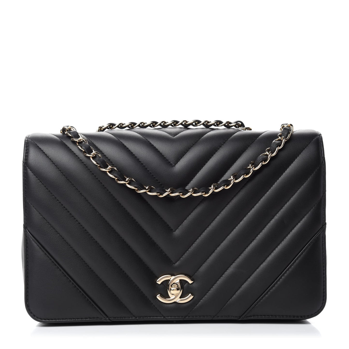 Calfskin Chevron Quilted Large Statement Flap Black