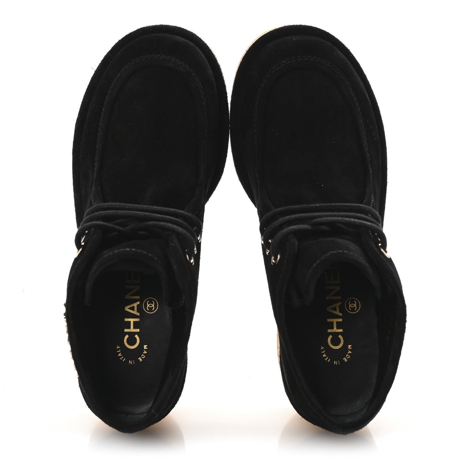 Chanel Suede Calfskin Lace Up Wedge Booties 36.5 Black 2 of 10