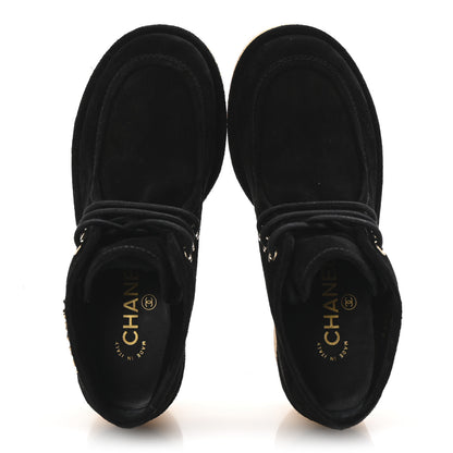 Chanel Suede Calfskin Lace Up Wedge Booties 36.5 Black 2 of 10