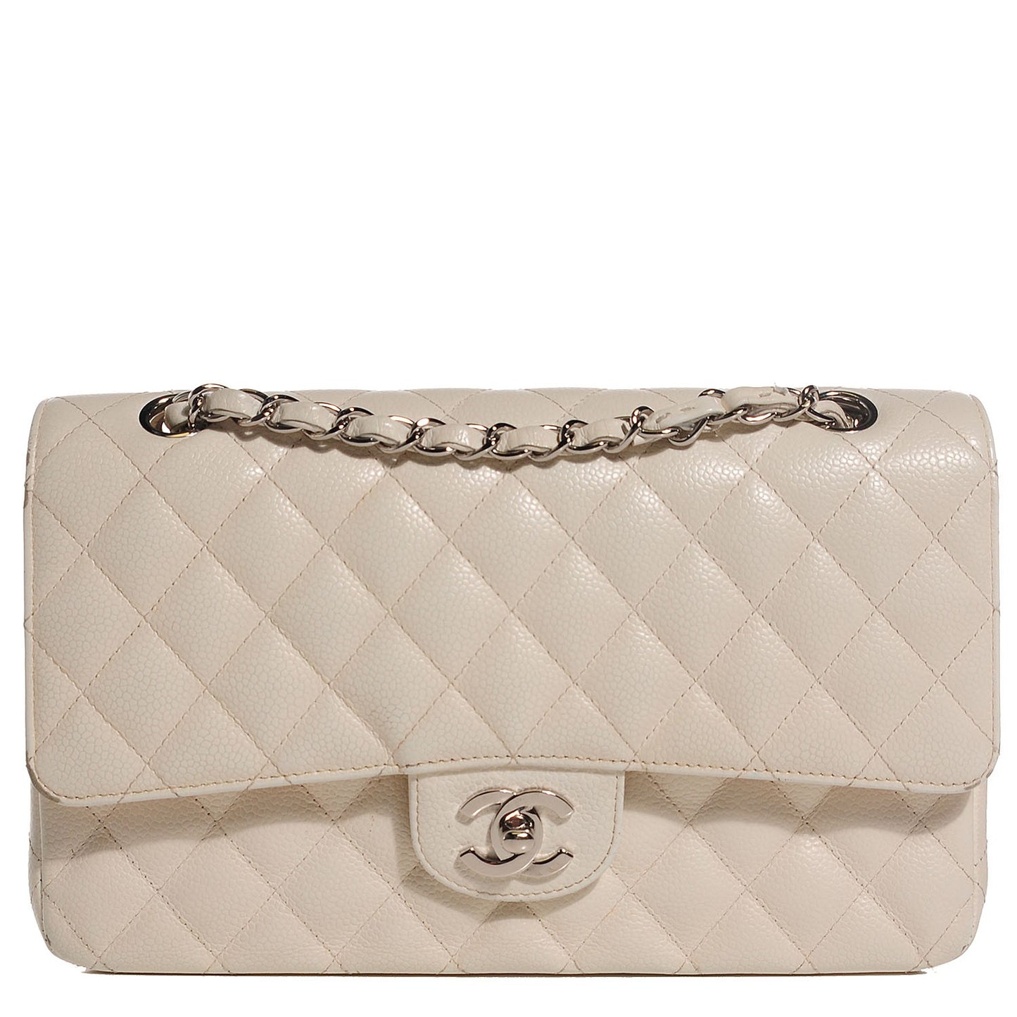 Caviar Quilted Medium Double Flap White