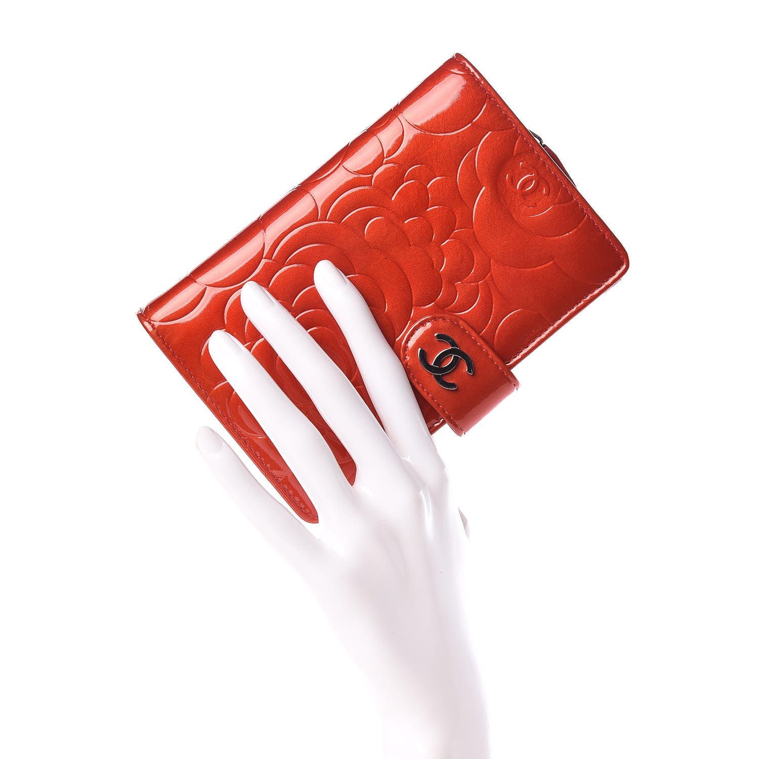 Chanel Patent Camellia Embossed Zipped Pocket Wallet Dark Red 2 of 13