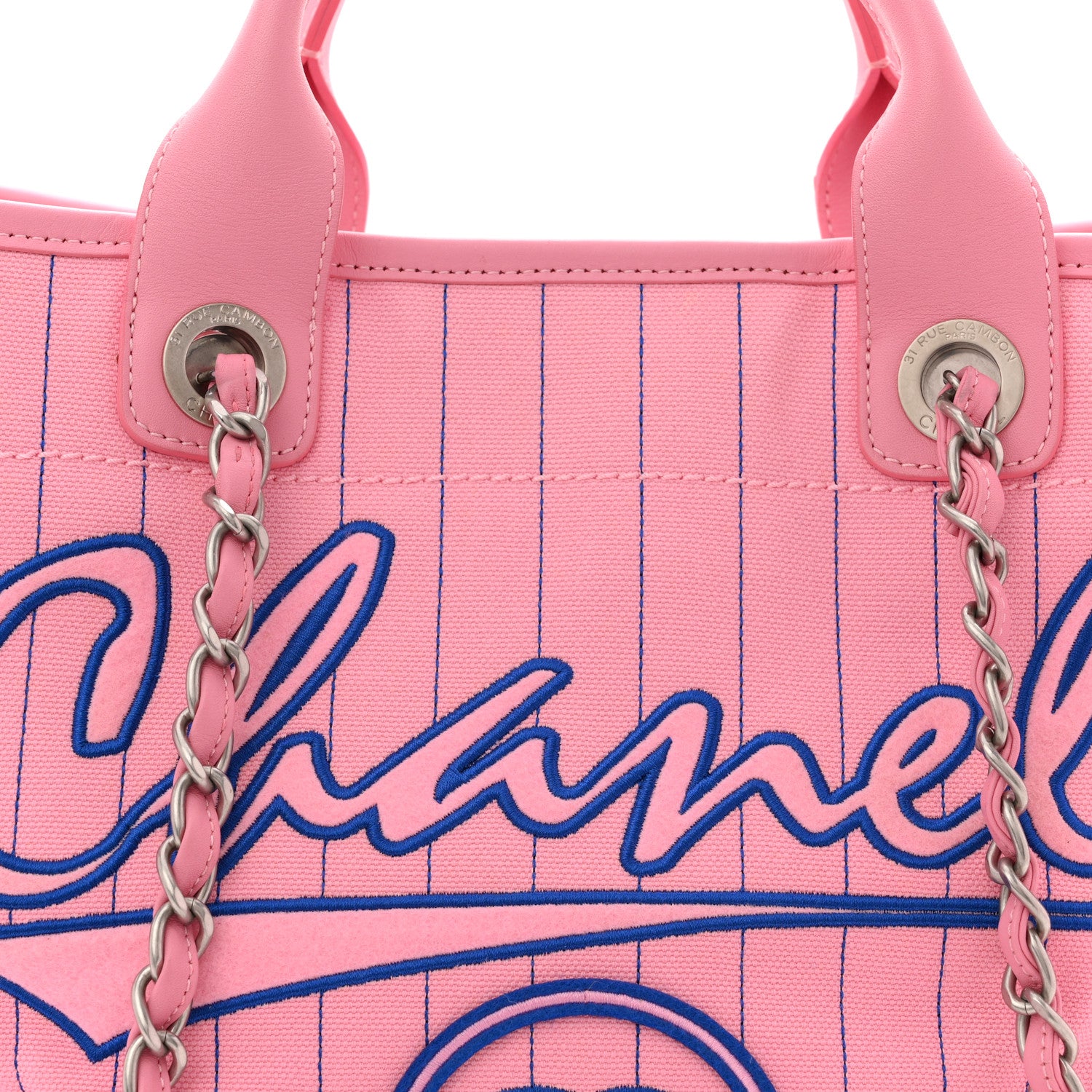 Chanel Canvas Calfskin Striped Large Deauville Tote Pink Blue 9 of 12
