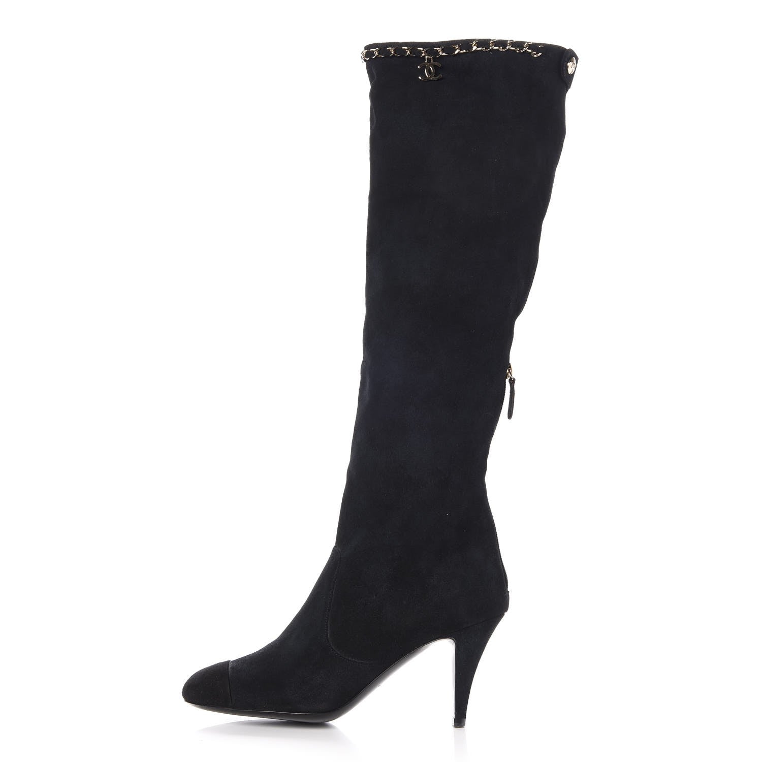 Chanel Suede Calfskin Chain Cap Toe Knee High Boots 38 Dark Navy 1 of 8