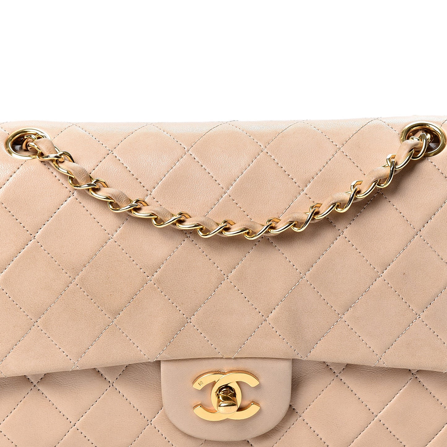 Lambskin Quilted Medium Double Flap Beige