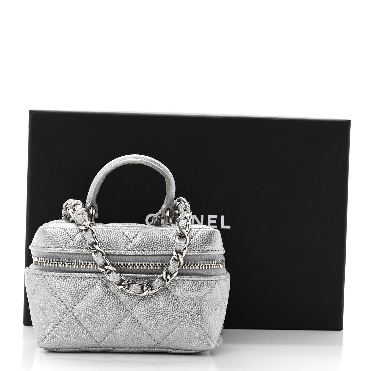 Chanel Metallic Caviar Quilted Mini Top Handle Vanity With Chain Silver 10 of 10