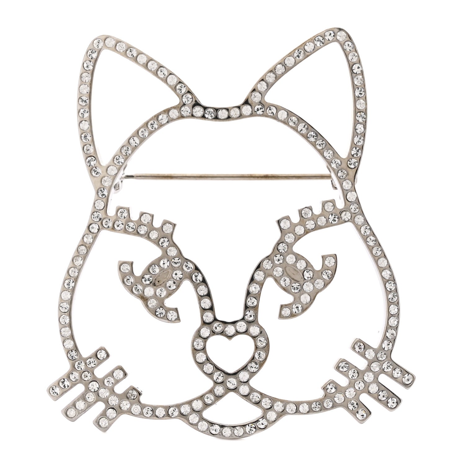 Chanel Strass Crystal Emoji Choupette Cat Brooch Silver 1 of 3