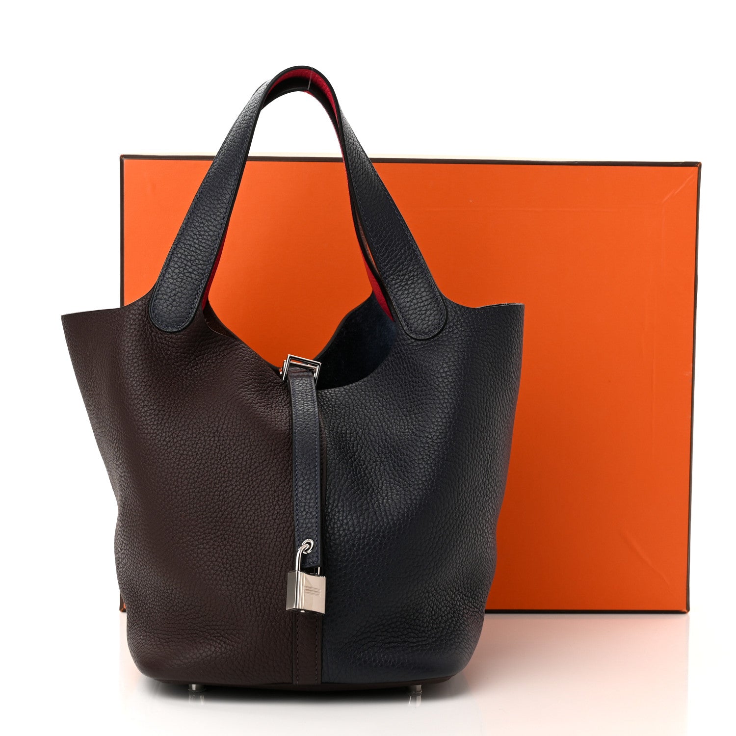 Hermes Taurillon Clemence Casaque Picotin Lock 22 MM Bleu Nuit Framboise Rouge Sellier 10 of 10