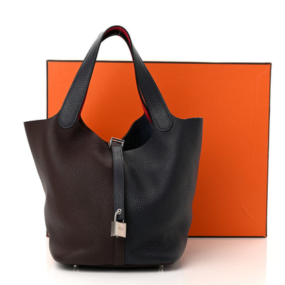 Hermes Taurillon Clemence Casaque Picotin Lock 22 MM Bleu Nuit Framboise Rouge Sellier 10 of 10